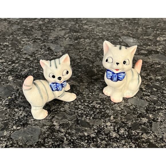 Vtg 50s 60s Lipper & Mann 2 Porcelain Striped Kittens Japan Missing Mom & Leash - Picture 2 of 13